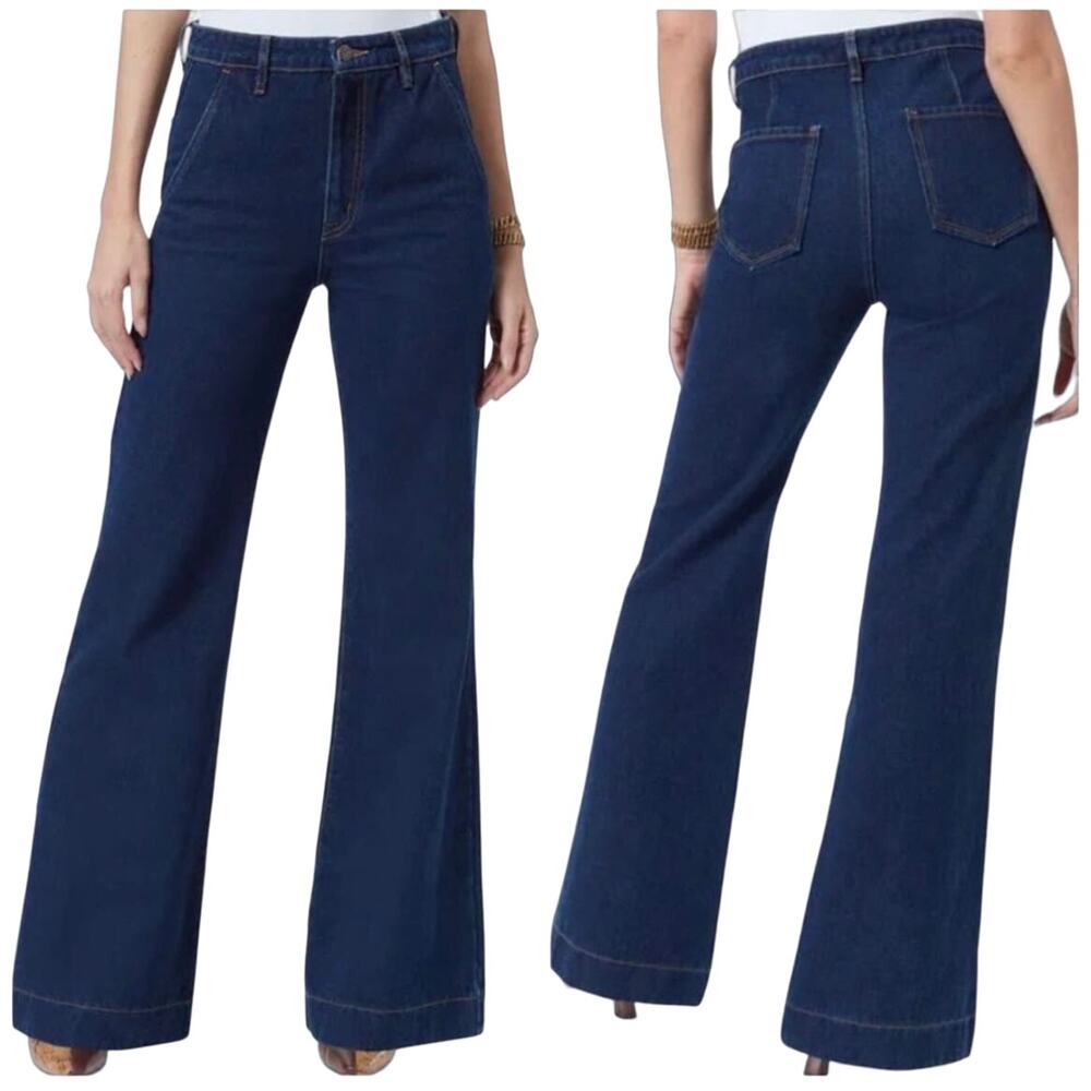 Sam Edelman Bay Flare Trouser Jeans Sz 31 High Rise Dark Wash Rigid Denim